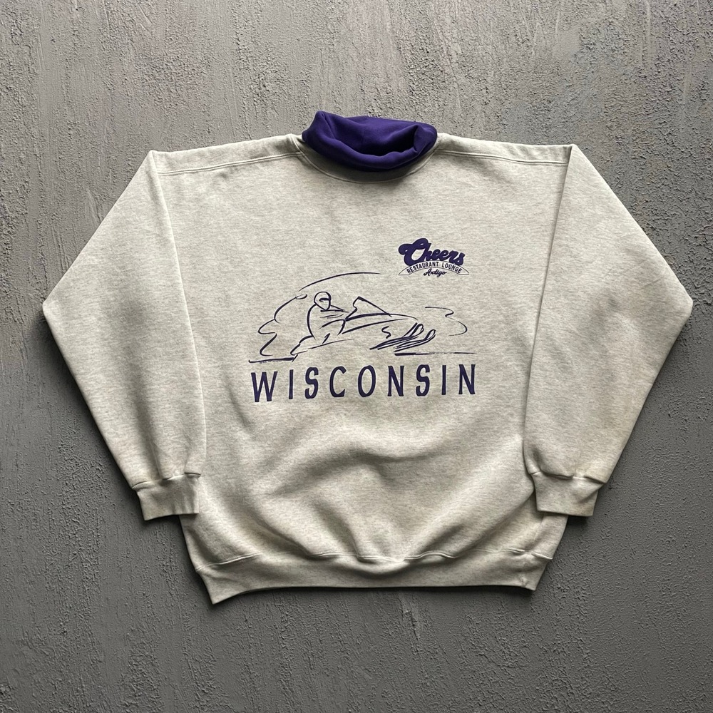 Vintage Wisconsin Snowmobile Mock Neck Sweatshirt Men XL Gray 90s Art Unlimited